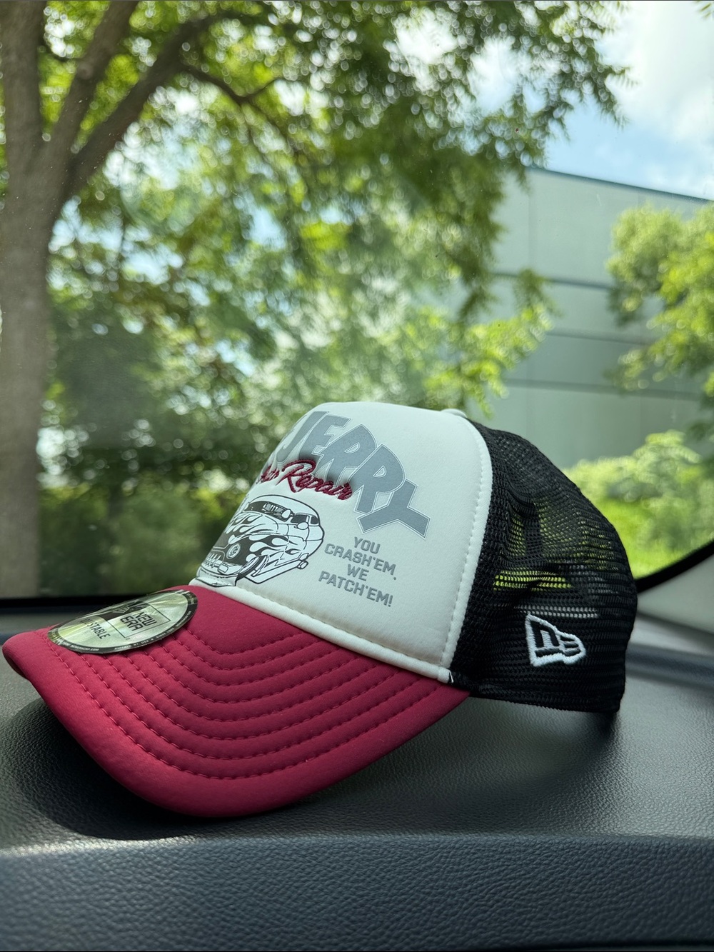 New Era Jerry Auto Repair Trucker Hat Burgundy White Snapback NWT